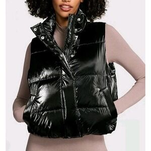 High Shine Marshmallow Puffer Vest Black by PINK Size XL Full Zip Adjustable Hem
